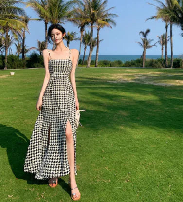 Kadın Slim Fit için Askılı Ekose Elbise