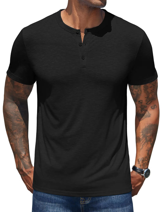 LEXORAMODA Erkek Kısa Kollu Rahat Temel Henley Tee Yaz Düğmesi Hafif Streç T Shirt Siyah